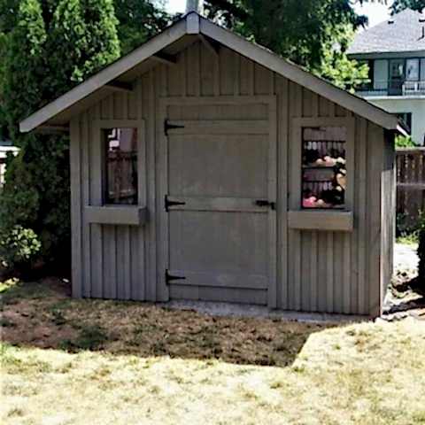 10 x 10 medium board and batten with a 2 foot gable overhang.